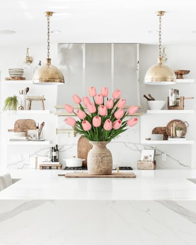 20 Pcs Baby Pink Tulips Artificial Flowers Real Touch Fake Tulips Fake Flowers for Mother's Day 13.5" Faux Tulips Faux Flowers Bulk Artificial Tulips Flowers for Vase Centerpieces Home Wedding Bouquet - color: Baby Pink #20