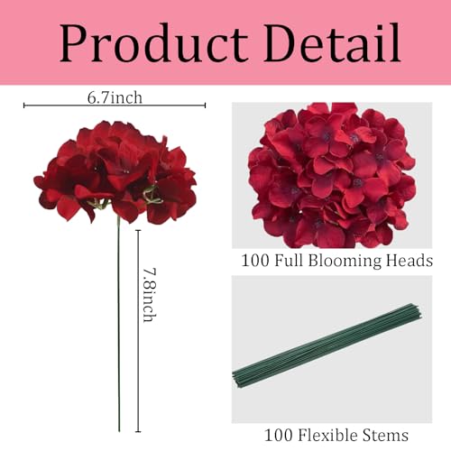100 Pcs Faux Deep Red Hydrangea Artificial Flowers Bulk, Fake Silk Hydrangea Flowers Heads with Stems for Wedding Decorations Garden Party Baby Shower Porch Home Decor Table Centerpieces - color: Deep Red, size: 100 Pcs
