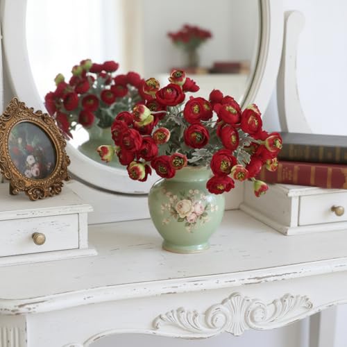 3 Bundles Mini Red Peonies Artificial Flowers,9.84" Red Silk Faux Ranunculus Flower, Artificial Peonies with Stems for Farmhouse Home Office Dining Table Wedding Spring Centerpiece Decor - color: Red Green