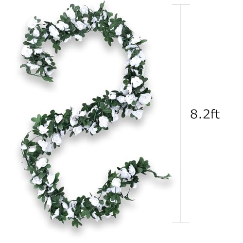 4Pcs Artificial Rose Vines Faux Flowers Garland with Green Leaves Fake Hanging Floral Plants for Home Bedroom Garden Decor,Christmas Anniversary Wedding Birthday Party Decoration (White) - color: White, size: 4Pcs-small rose