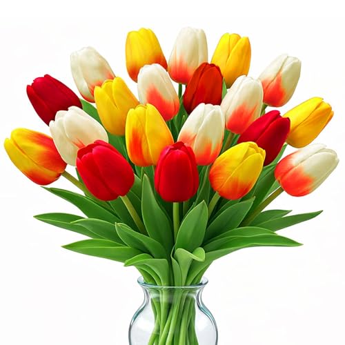 20 Pcs Tulips Artificial Flowers, 13.5'' Real Touch PU Fake Flowers Bouquet for Home Party, Spring Wedding Floral Arrangement, Valentine's, Easter and Mother's Day Decor (Red,Sunset,White) - color: Red,sunset,white