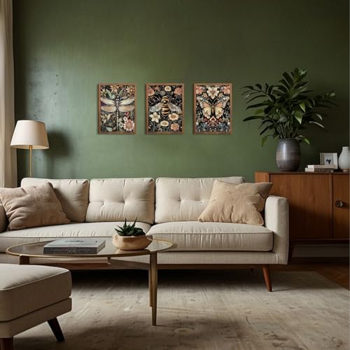 Retro Insect Wall Art Set of 3, Butterfly Bee Dragonfly Gothic Botanical Prints, Rustic Nature Animal Canvas Wall Decor for Living Room Bedroom Office Farmhouse Home Decor 24x16In Wood Framed - color: Colorful insects, size: 24L" x 16W"