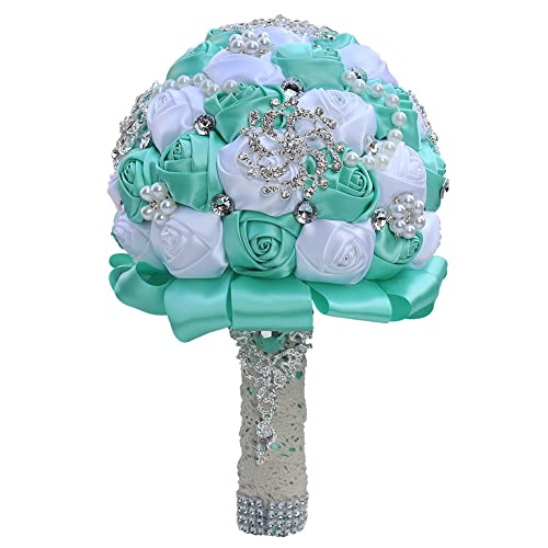 Sharebeauty 7.9 Inch Handmade Satin Rose Bridal Bouquet Toss Round Wedding Bouquet Throw Toss Artificial Flower Bunch Pale Blue + White - color: W3217d09 Pale Blue/White