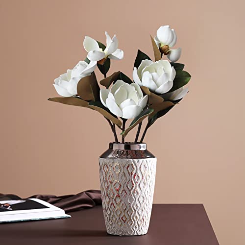 LIUCOGXI Vintage Artificial Magnolia Flower White 6 Heads,Long Stem Magnolia Bouquet with Green Leaves Arrangement for Home Office Living Room Bedroom Floor Vase Decoration - color: White
