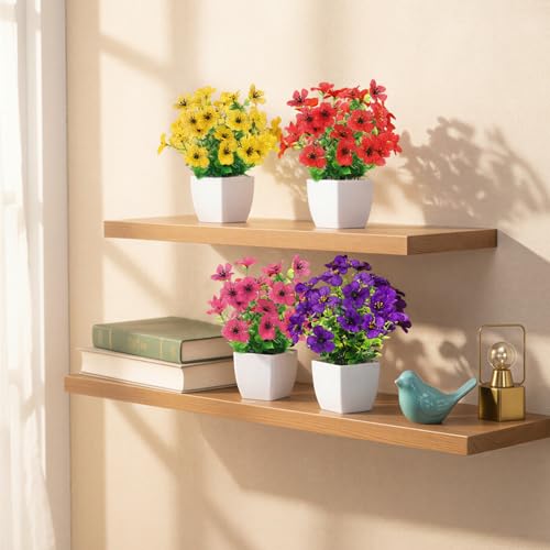 CEWOR Fake Plants 4 Packs Small Faux Potted Flower Daisy with Eucalyptus Leaves Decorations for Desk Bathroom Office Home Room Table Decor Indoor Outdoor - color: Daisy Red Rose Yellow Purple