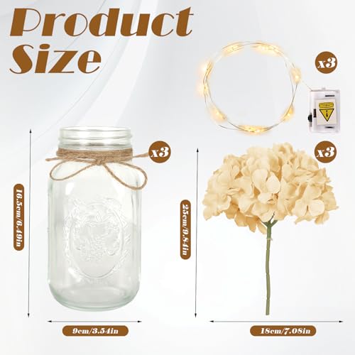 Set of 3 Mason Jar with Lights White Hydrangea Decorative Jars Flower Vase Farmhouse Table Centerpiece for Home Wedding Event Party Decor - color: Jar-white Hydrangea