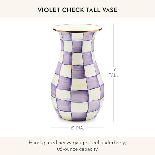 MACKENZIE-CHILDS Enamel Vase, Unique Flower-Vase Decor for Living Room, Tall, Purple-and-White Violet Check - color: Violet Check