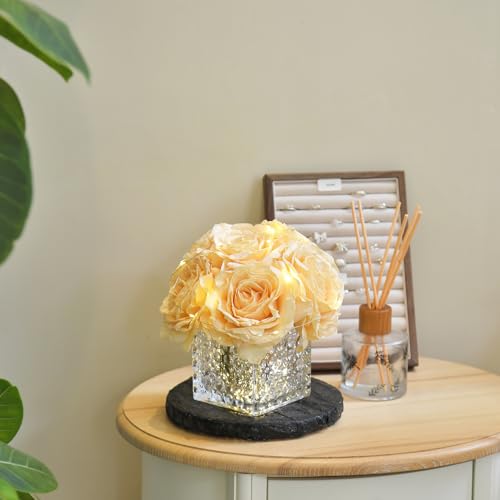 Artificial Rose in Glass Vase Vintage Silk Flower Arrangement with LED Light for Table Centerpiece Home Wedding Decoration (Champagne) - color: Champagne