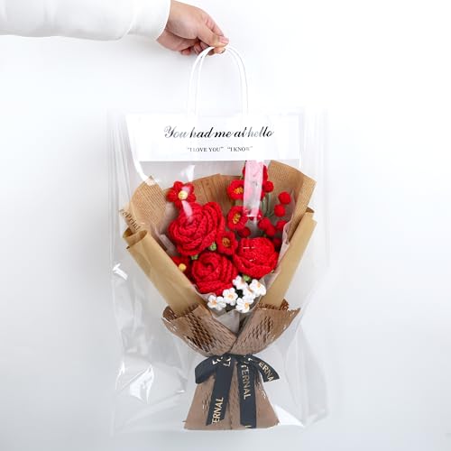 Crochet Flower Bouquet, Handmade Knitted Red Rose Faux Crochet Flowers for Home Decor Valentine’s Day Anniversary Weddings Birthdays Mother’s Day, Includes Gift Bag and Greeting Card (Rose) - color: Red
