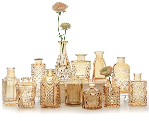 SUPMIND 12pcs Glass Bud Vase Set, Small Gold Amber Flower Vases for Centerpieces in Bulk, Mini Vintage Vase for Wedding, Home,Table Decoration - color: Gold Amber, size: 12Pcs