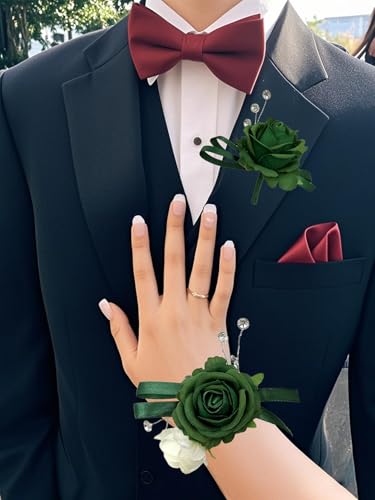 Green Corsage and Boutonniere Set for Bride Groom, Artificial Rose Flowers Wrist Corsage Bracelets Homecoming Flower Prom Suit Accessories Boutonniere for Wedding Prom Party Decorations - color: Green