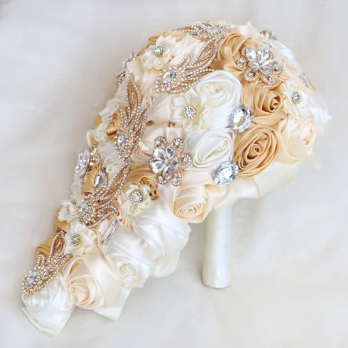 Handmade Satin Rose Water Drop Bridal Bouquet,8.7inch Crystal Wedding Round Tossing Bouquet,Jewelry Proposal Bridesmaid Bouquet Groom Corsage Bride Wrist Flower Ivory (Khaki&Ivory) - color: Khaki&ivory