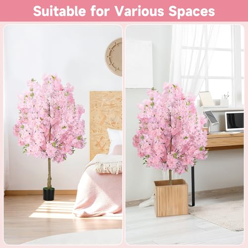 4FT Pink Artificial Cherry Blossom Tree, Realistic Potted Faux Cherry Tree, Silk Flower Fake Tree, Artificial Plants for Home Office Wedding Party Indoor Outdoor Front Door Decoration - size: 4FT