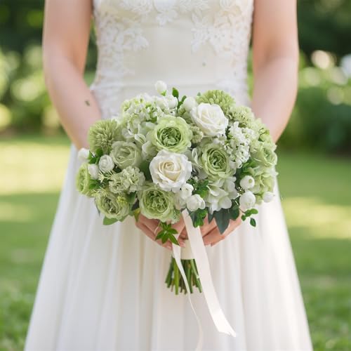 8 Pcs Mixed Artificial Peony Flowers Set-4 Bouquets & 4 Stems, Green Fake Peony Rose Hydrangea Flower for Vase Silk Floral Arrangements for Table Centerpiece Wedding Party Bridal Decoration Home Decor - color: Green, size: Mixed 8pcs