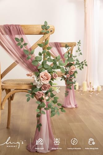 Ling's moment 8 Wedding Chair Decorations Aisle Pew Church Artificial Flower Greenery Swag Dusty Rose Pink Cream Bench Ceremony Reception Floral Faux Backdrop Rose Arrangements Party Outdoor Sashes - color: Dusty Rose