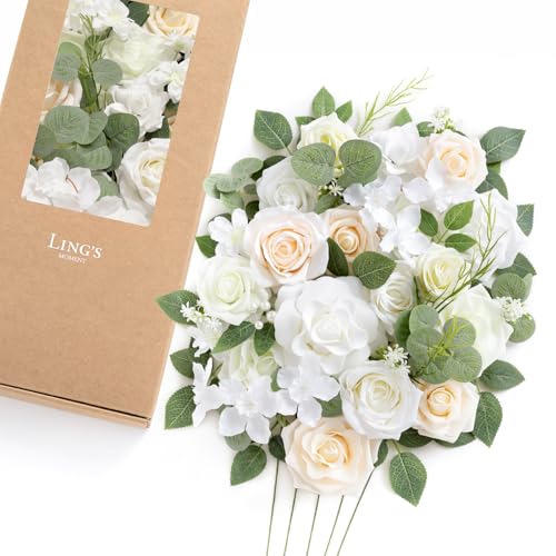 Ling's moment Fake Flowers Box, Faux Artificial Greenery Stems Foam Roses Gardenia Silk Eucalyptus Rose Leaf Fabic Flower for Centerpieces Bouquet Wedding Vase Decorations, White & Sage, Deluxe Combo - color: Wht-white & Sage, size: Deluxe
