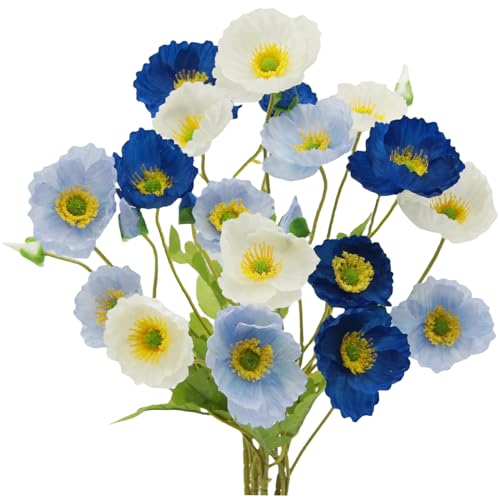 FERIAL 6pcs Artificial Poppy Flowers Silk Fake Poppy Flowers with Stems Faux Poppy Real Touch Flowers for Home Kitchen Table Centerpieces Floral Arrangement Wedding Bouquet Mixed Decoration - color: White&blue