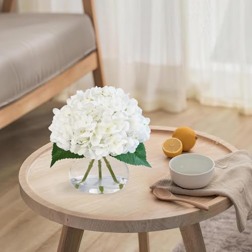 Hydrangea Artificial Flowers in Glass Vase, White Silk Fake Flowers Silk Centerpiece Table Decorations for Dining Room， Coffee Table Decor，Wedding, Home with Faux Water Decor（White） - color: White