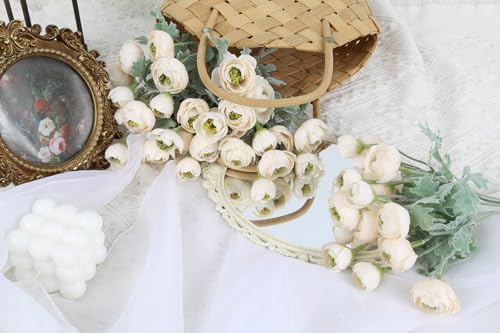 3 Bundles Mini Champagne Peonies Artificial Flowers,9.84" Silk Faux Ranunculus Flower, Artificial Peonies with Stems for Farmhouse Home Office Dining Table Wedding Spring Centerpiece Decor - color: Champagne