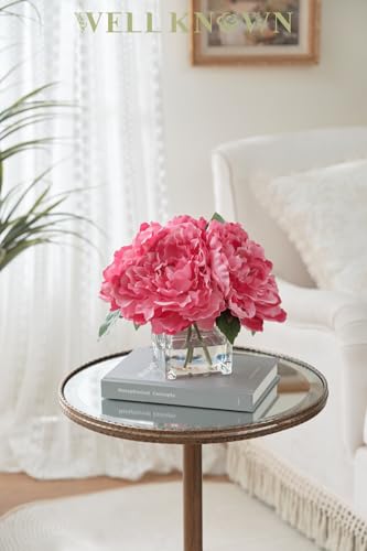 Artificial Peonies Flowers Arrangements in Cube Glass Vase, WELLKNOWN Silk Flower Centerpieces for Dining Room Table, Coffee Table Decor, Faux Peony Flowers with Faux Water (Fuchsia) - color: Fuchsia