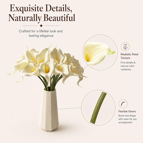 Mandy's 20pcs Cream Calla Lily Artificial Flowers | 13.5 Inch PU Realistic Bouquet for Vase Elegant Home Decor Centerpiece Wedding Bridal Bouquet Table Decoration - color: Cream