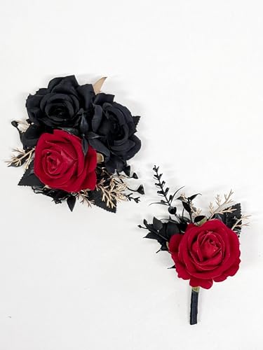 Wedding Flower Set with Rose Corsage and Boutonniere for Men (Black & Red) - color: Black & Red