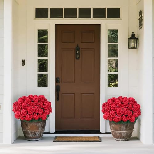 8 Bundles18" Artificial Geranium Flowers for Outdoor Spring Summer Decoration,Fake Silk Geranium Faux Plants UV Resistant for Front Door Planter Outside Home Garden Balcony Yard Porch Decor (Red)