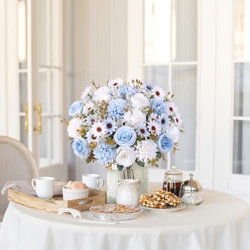 Dremisland Artificial Flowers 2 Packs Mixed Blue & White Silk Artificial Roses Bouquet with Daisy Chrysanthemum Fake Blue Flowers Bouquet for Vase Centerpiece Table Wedding Party Home Decor - color: Blue White, size: 2PCS