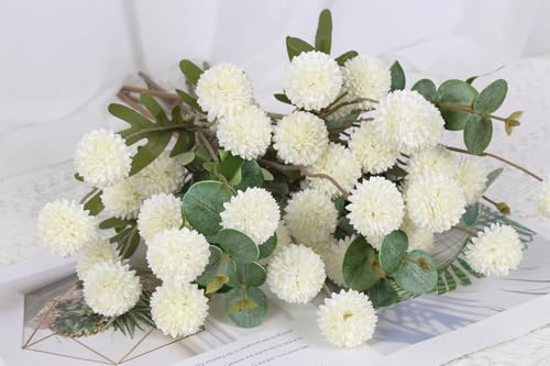 Fake Kiku Flowers,8 Stems Artificial Mum Flower with 3 Branches Eucalyptus Stems White Faux Flowers Silk Pom Pom Balls for Wedding Bouquet Home Office Party Floral Arrangements(White) - color: White