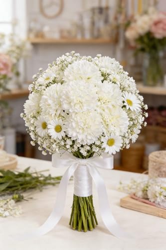 Kimura's Cabin 20Pcs Fake Chrysanthemum Artificial Flowers Silk Faux Mums Flower with Stem Ball Flowers for Wedding Party DIY Bouquets Arrangements Home Table Core Decoration Vase Fillers(White) - color: White Color