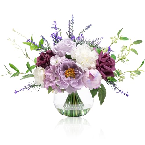 WELL KNOWN Artificial Flowers in Vase, Fake Lavender & Silk Peony Flower Bouquet Centerpieces in Glass Vase with Fake Water for Home Wedding Party Dining Table Decor & Mom's Gift (Purple Mixed Plus) - color: Lavender Purple Mixed Plus