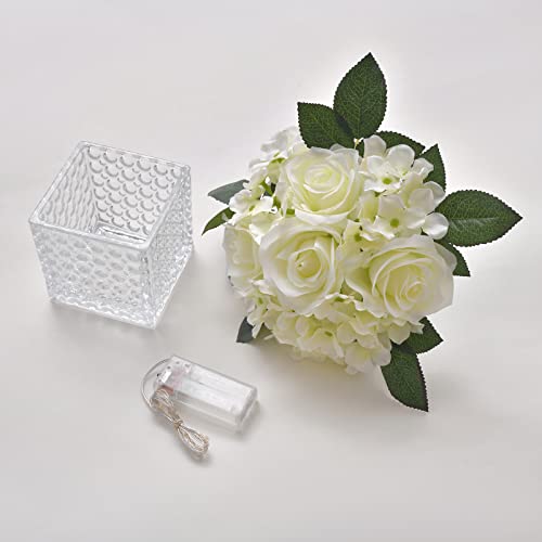 Fule Artificial Silk Rose Flower Centerpiece Arrangement in Glass Vase with LED Light for Home Wedding Decoration (Spring White) - color: Spring White
