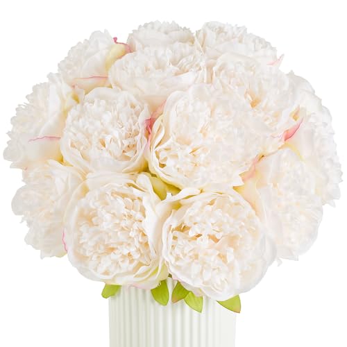 SITUMEIZI 10PCS Artificial Peony Flowers, Real Touch Fake Silk Bouquet with Stems for Home Mothers Day Wedding Party Centerpieces Table Decoration Indoor(Ivory White) - color: Ivory White