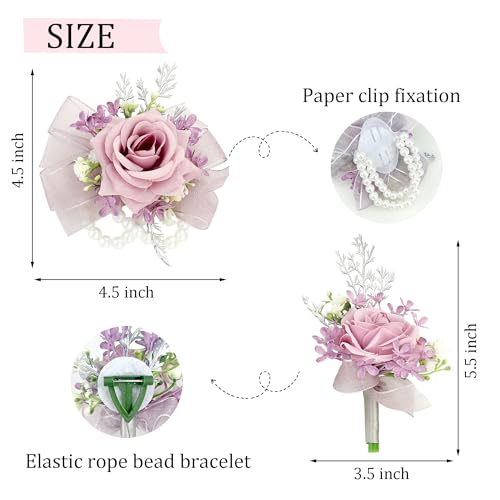 2pcs Purple Corsage and Boutonniere Set for Prom Decor Silk Corsage Wristlet Boutonniere for Men Artificial Flowers for Wedding Party Suit Decor - color: Light Purple Corsage - Double-cain