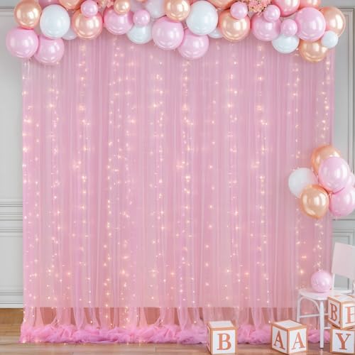 10ft x 8ft Pink Backdrop Curtain with Lights String for Parties, Sheer Tulle Wedding Photo Backdrops Drapes for Baby Shower Birthday Party Decorations Background for Photography - color: Pink, size: W5' x H8'(2 panels)