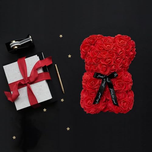 DuHouse Rose Bear Rose Teddy Bear Flower Gift Box for Valentines Gifts Anniversary Christmas,Birthdays Bridal Showers -Fully Handmade 10 inch Flower Bear Clear Gift Box(Red with Necklaces) - color: Red With Necklaces