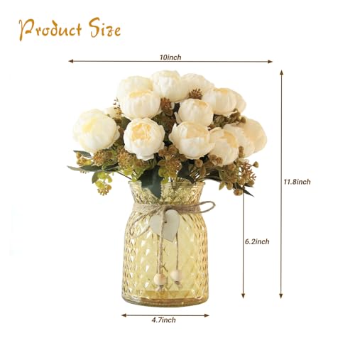 Faux Flowers in Vase,Fake Flowers in Vase 21 Pcs Faux Peony Flowers,Artificial Flowers for Home Decor, Indoor Centerpiece for Living Room & Dining Table (White) - color: White Peony