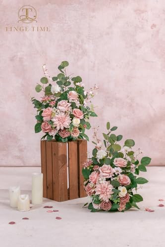 TINGE TIME Free-Standing Artificial Flower Set of 2, Table Centerpiece with Rubber Pad, Silk Fake Flower for Wedding Centerpiece Archway Aisle Welcome Entrance (DustyRose&Cream) - color: Dustyrose&cream