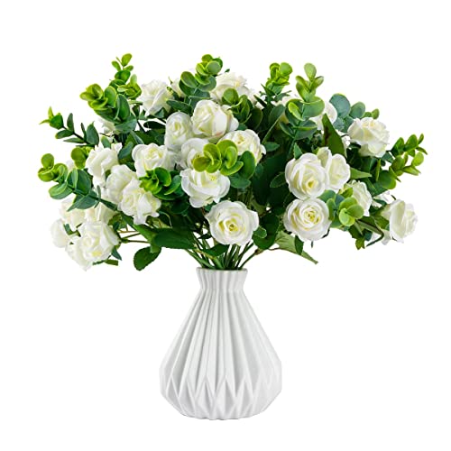 Artificial Flowers Fake Silk Rose for Decoration 33 Heads Small Roses Blooming Faux Flower Bouquet with Stem for DIY Vase Home Wedding Party 3 Pack White - color: White