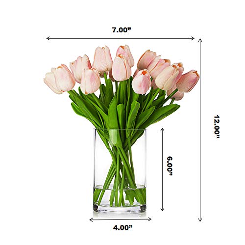 20 Pieces Artificial Real Touch Tulips Flower Arrangement in Glass Vase with Faux Water for Home Decoration (Pink) - color: Pink