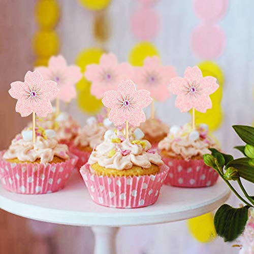 30Pcs Glitter Pink Cherry Cupcake Toppers Cherry Blossoms Pink Flowers Cupcake Picks for Spring Floral Baby Shower Bridal Shower Girls Floral Birthday Wedding Anniversary Party Decorations - color: Pink Cherry