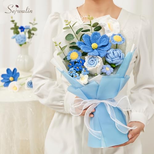 Serwalin Crochet Flower Bouquet, Blue Knitted Flowers,Roses Crochet Flowers for Valentine Day Lover Wedding Anniversary Birthday Mother’s Day Back-to-School or Graduation Ceremonies Gift (with Card) - color: Blue