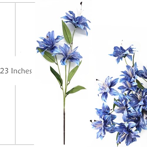Fake Lily Flower Stargazer Lily Artificial Flowers Decoration, Long Stems Vintage Real Touch Faux Silk Lilies Bouquet for Spring Indoor Home Office Wedding Party Centerpiece Arrangement - Blue 4 Pack - color: Lily Flowers - Blue 4 Pcs