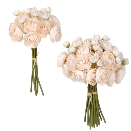 IPOPU Ranunculus Artificial Flowers 2 Bouquets Mini Cream Fake Flowers 12PCS Small Faux Ranunculus Decorative Flowers for DIY Wedding Bouquet Bridal Shower Filler Flowers Decorations (Cream) - color: Cream