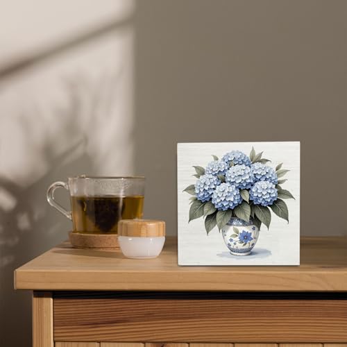Blue Hydrangea Flowers Decor Wooden Signs,Chinoiserie Spring Floral Wooden Box Sign,Blue And White Decor For Home Desk Tabletop Shelf Decoration 5x5 Inches - color: Blue Hydrangea
