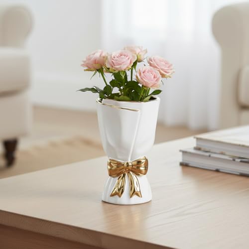 White Ceramic Vase - 7 Inch Small Bow Vases for Wedding Centerpieces, Modern Flower Vase for Home Decor, Table, Bedroom Decor, Bookshelf, Desk, Bathroom, Living Room Decor - color: White, size: 7 inch