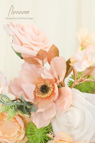 Floroom Blush Peach Pink Artificial Flowers Cream Fake Roses Peonies and Greenery Combo Box Set for DIY Wedding Bouquets Bridal Shower Centerpieces Floral Arrangements Party Tables Home Decorations - color: Blush Peach Dream