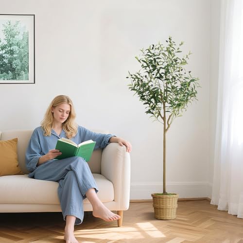WILDLOVE Fake Olive Tree Artificial Indoor, Potted Faux Olive Trees with Natural Wood Trunk & Lifelike Fruits for Home Office Decor (5ft) - size: 5ft