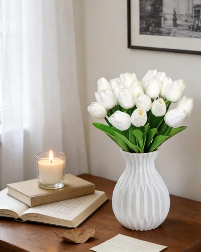 25 Pcs White Tulips Artificial Flowers PU Fake Flowers Real Touch Tulips Flower Bouquet for Wedding, Spring Decor, Home, Centerpiece Table Decorations (White Tulips) - color: White Tulips