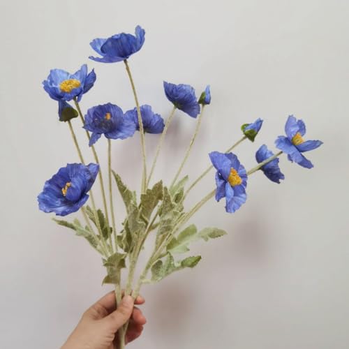 3 Bundles of 22 inches Tall Blue Poppy Flowers Artificial,Ranunculus Artificial Flowers,Faux Flower Stems for Wedding,Party, Outdoor Indoor Decor Flower Arrangements for Table - color: Blue